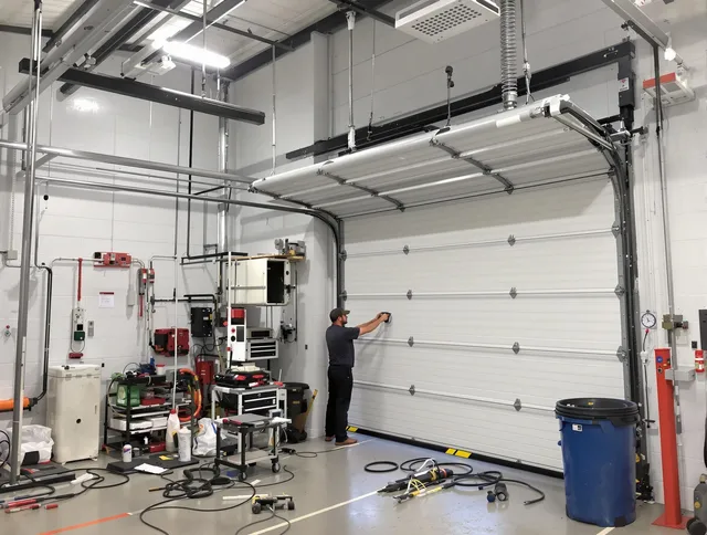 Lakeland Garage Door Repair certified technician performing commercial door repair at a Lakeland business facility