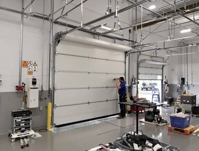 Commercial garage door repair being performed by Lakeland Garage Door Repair expert in Lakeland