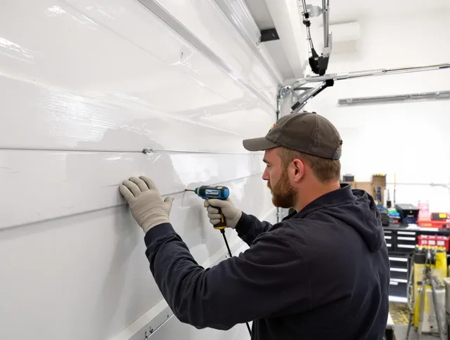 Lakeland Garage Door Repair technician demonstrating precision dent removal techniques on a Lakeland garage door