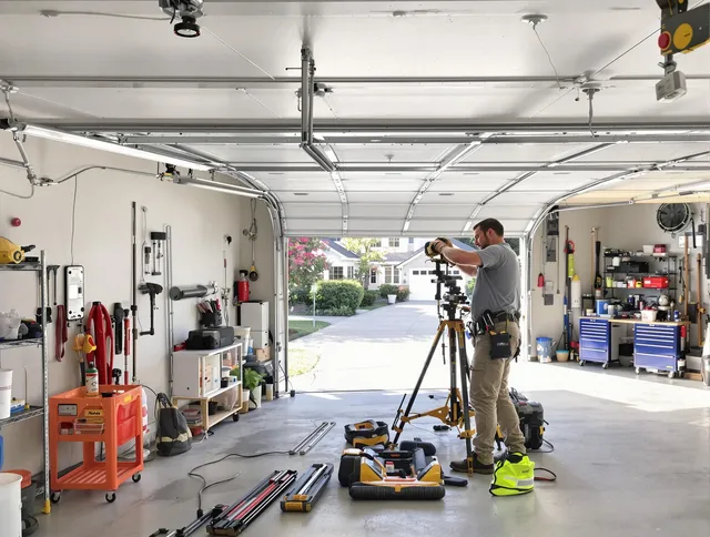 Lakeland Garage Door Repair specialist performing laser-guided track alignment in Lakeland